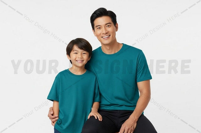 Matching teal t-shirts for father and son Mock Up Photo Regulrcrative 