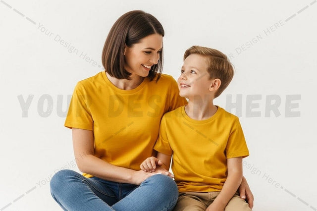 Matching yellow t-shirt mockup design for mother and child Mock Up Photo Regulrcrative 