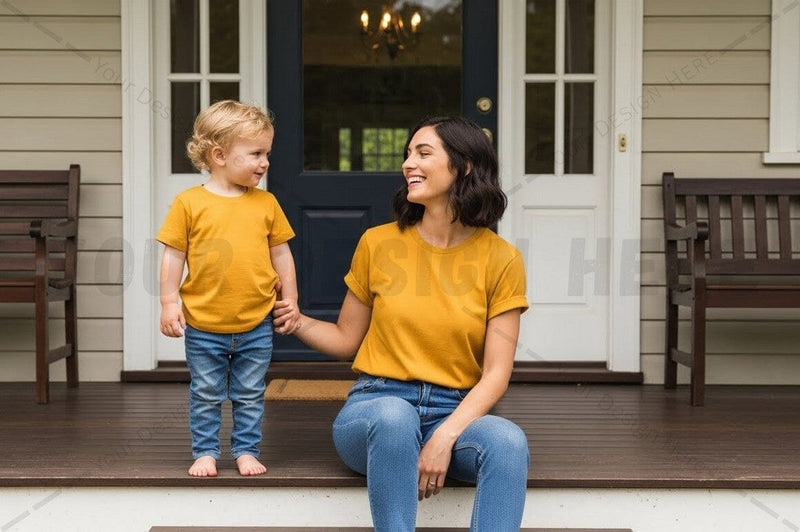 Matching yellow t-shirt mockup design for mother and child Mock Up Photo Regulrcrative 