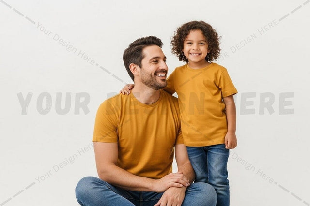 Matching yellow t-shirt set for father and child Mock Up Photo Regulrcrative 
