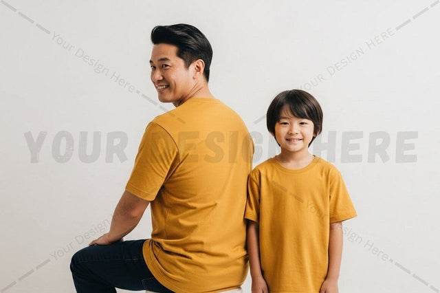 Matching yellow t-shirts for father and son Mock Up Photo Regulrcrative 