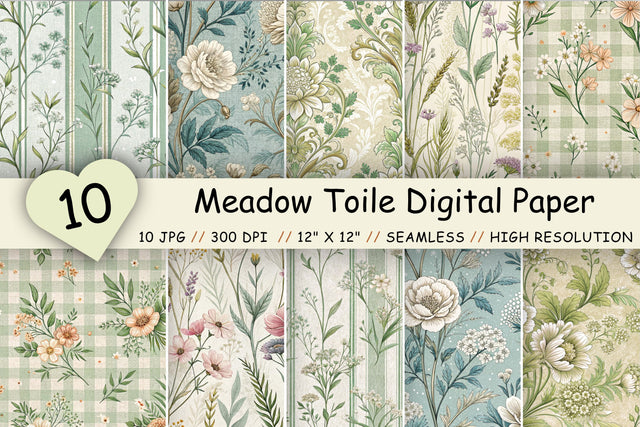Meadow Toile Digital Paper Pack, Vintage Floral Toile, Gingham & Stripe Seamless Patterns, Wedding, Scrapbooking & Printable Crafts Digital Pattern FloridPrintables 