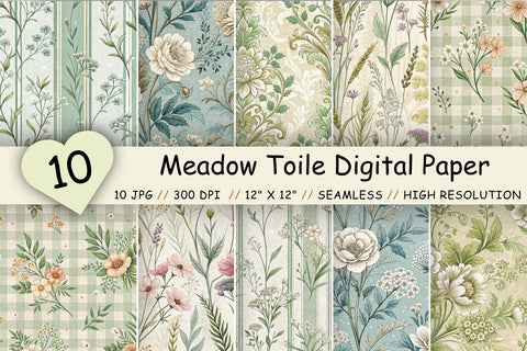 Meadow Toile Digital Paper Pack, Vintage Floral Toile, Gingham & Stripe Seamless Patterns, Wedding, Scrapbooking & Printable Crafts Digital Pattern FloridPrintables 