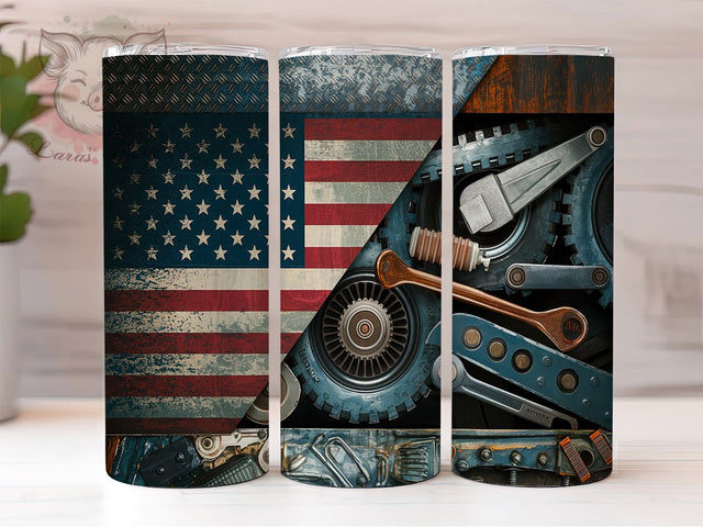 Mechanic Flag Tumbler Wrap, American Flag Design, 20oz Sublimation Template, Skinny Tumbler Wrap, Digital Download, Patriotic Gift Idea, Sublimation Art Sublimation Lara' s Designs 