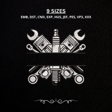 Mechanic Split Monogram Embroidery Design – Pistons Spark Plug Wrench Auto Repair Embroidery File Embroidery/Applique DESIGNS PatternFeed8 