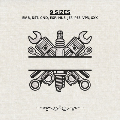 Mechanic Split Monogram Embroidery Design – Pistons Spark Plug Wrench Auto Repair Embroidery File Embroidery/Applique DESIGNS PatternFeed8 