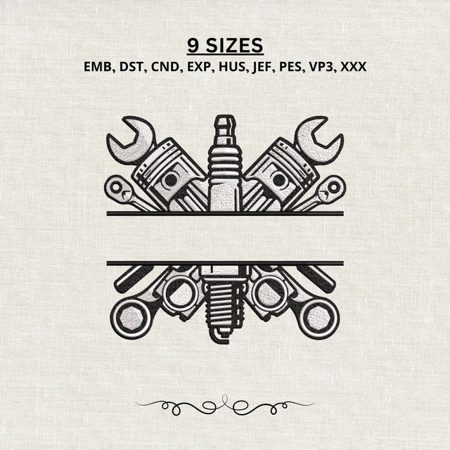Mechanic Split Monogram Embroidery Design – Pistons Spark Plug Wrench Auto Repair Embroidery File Embroidery/Applique DESIGNS PatternFeed8 