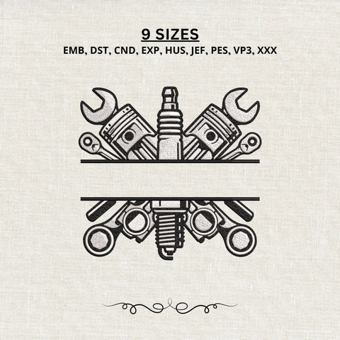 Mechanic Split Monogram Embroidery Design – Pistons Spark Plug Wrench Auto Repair Embroidery File Embroidery/Applique DESIGNS PatternFeed8 