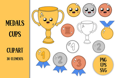 Medals Cups Clipart PNG | Winner Awards Clip Art Bundle | Golden Silver Bronze Medals | Cute Trophy Character Prizes EPS Sublimation AnnaViolet_store 