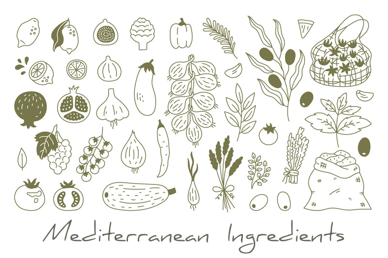 Mediterranean Food Ingredients Doodle PNG Clipart Sublimation Rin Green 