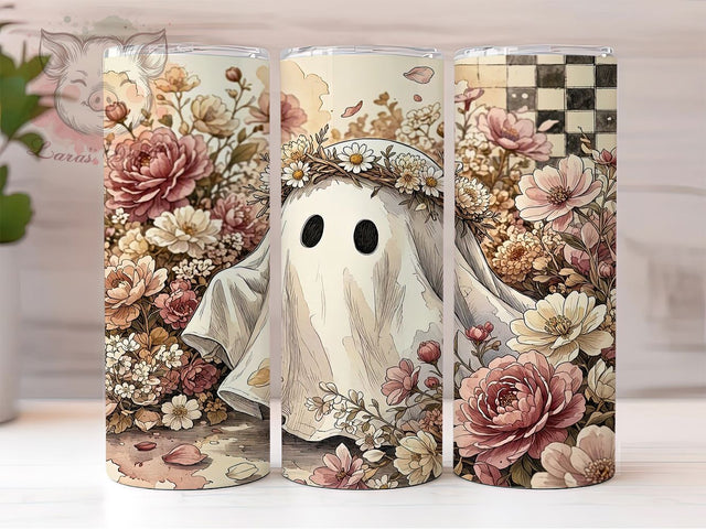 Melancholic Ghost Floral 20oz Tumbler, Ghost Motif, Floral Design, Melancholic Style, Halloween Theme, Whimsical Gothic, 20oz Wrap, Sublimation Tumbler Sublimation Lara' s Designs 