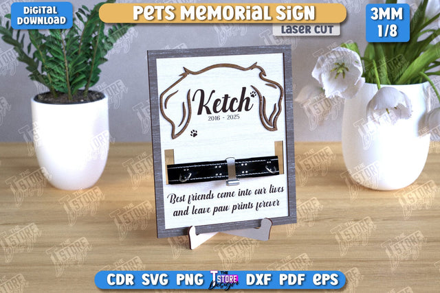 Memorial Frame with Collar Holder Laser Cut | Pet Ear Outline Sign | Memorial Pet Collar Frame | Pets Memorial Sign | Pet Loss | CNC File SVG The T Store Design 