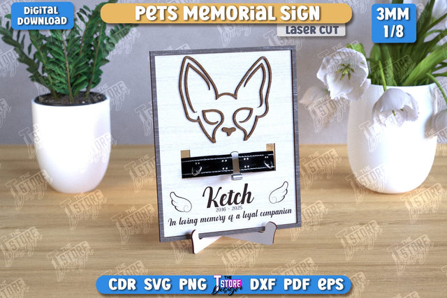 Memorial Frame with Collar Holder Laser Cut | Pet Ear Outline Sign | Memorial Pet Collar Frame | Pets Memorial Sign | Pet Loss | CNC File SVG The T Store Design 