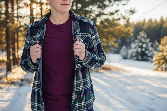 Men's burgundy t-shirt with plaid flannel shirt Mock Up Photo Designangry 