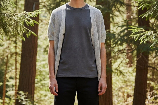 Men's casual t-shirt with grey cardigan in forest setting Mock Up Photo Designangry 