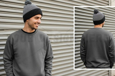 Men's grey crew neck sweatshirt with pom pom beanie Mock Up Photo Designangry 