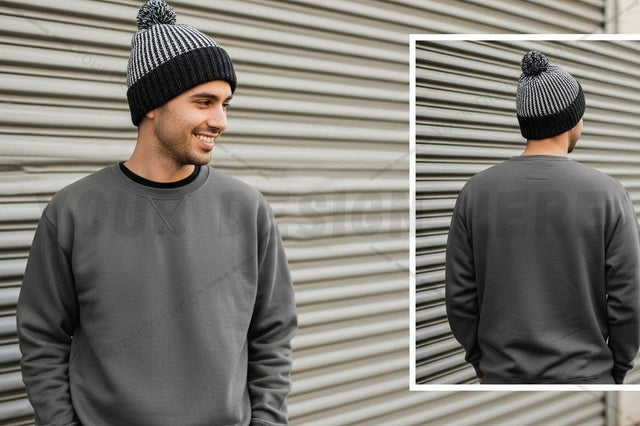 Men's grey crew neck sweatshirt with pom pom beanie Mock Up Photo Designangry 