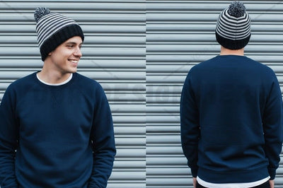 Men's navy blue crew neck sweatshirt with striped beanie Mock Up Photo Designangry 