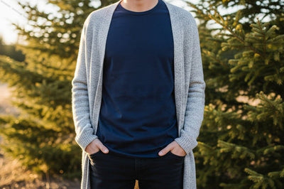 Men's navy blue t-shirt mockup with grey cardigan Mock Up Photo Designangry 