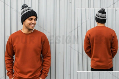Men's orange crew neck sweatshirt with beanie Mock Up Photo Designangry 