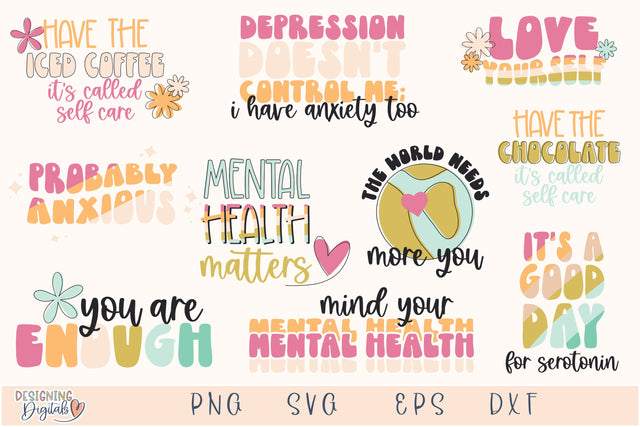 Mental Health SVG Bundle, Inspirational Quote SVG File for Cricut, Self Care PNG for Sublimation, TShirts, Tote Bags, You are Enough Sticker SVG Designing Digitals 