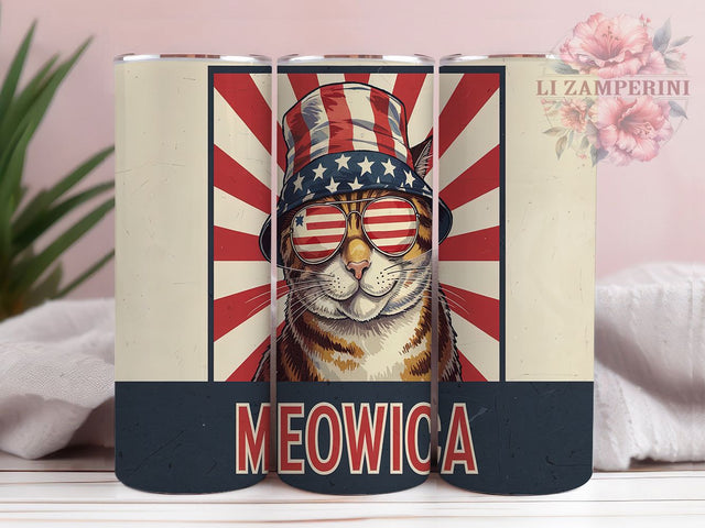 Meowica Patriotic 4th of July Cat Tumbler, Meowica Tumbler, 4th of July Tumbler, Retro USA Tumbler, Funny Cat Tumbler, 20oz Sublimation Wrap, American Flag Tumbler Sublimation Li Zamperini 