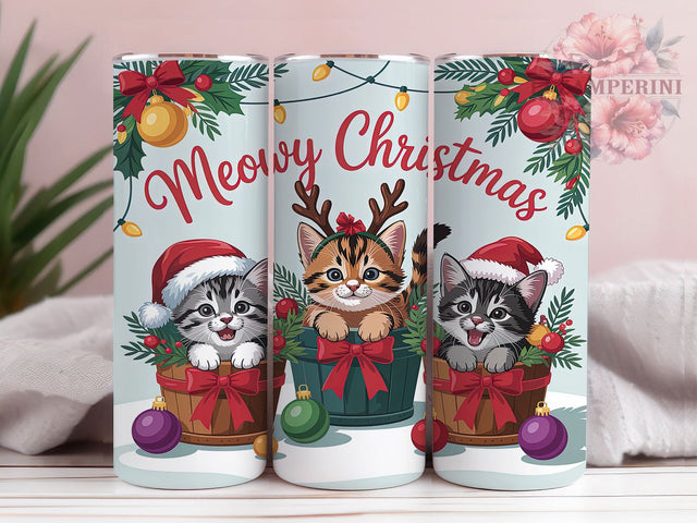 Meowy Christmas Cat Tumbler, Cute Cat Holiday Wrap, Festive Kitty Sublimation Design, Christmas Cat Cup, 20Oz Skinny Tumbler Wrap, Adorable Holiday Mug, Funny Cat Xmas Design Sublimation Li Zamperini 