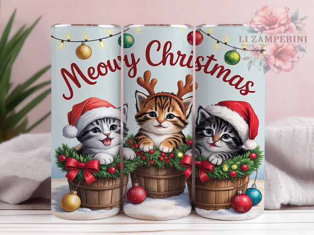Meowy Christmas Cat Tumbler, Cute Cat Holiday Wrap, Festive Kitty Sublimation Design, Christmas Cat Cup, 20Oz Skinny Tumbler Wrap, Adorable Holiday Mug, Funny Cat Xmas Design Sublimation Li Zamperini 