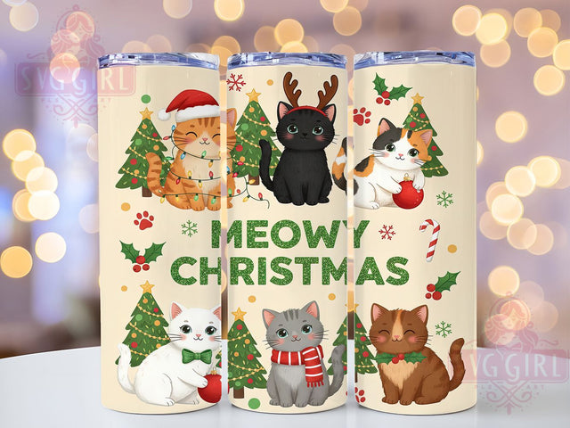 Meowy Christmas Cat Tumbler, Cute Cat Wrap, Holiday Kitty Design, Sublimation Cup, 20oz Skinny Tumbler, Festive Cat Drinkware, Christmas Cat Style Sublimation SvggirlplusArt 