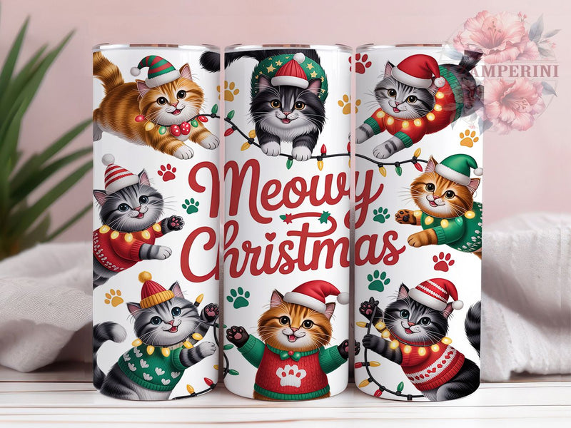 Meowy Christmas Cat Tumbler, Meowy Christmas Wrap, Funny Holiday Sublimation Design, Cute Cat Cup, 20Oz Skinny Tumbler Wrap, Festive Kitty Mug, Whimsical Christmas Design Sublimation Li Zamperini 