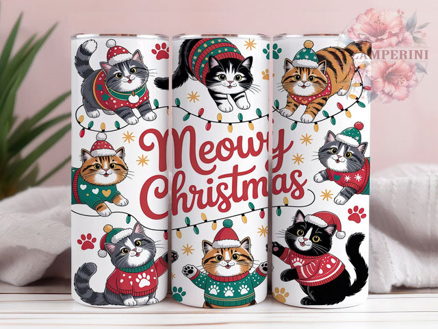 Meowy Christmas Cat Tumbler, Meowy Christmas Wrap, Funny Holiday Sublimation Design, Cute Cat Cup, 20Oz Skinny Tumbler Wrap, Festive Kitty Mug, Whimsical Christmas Design Sublimation Li Zamperini 