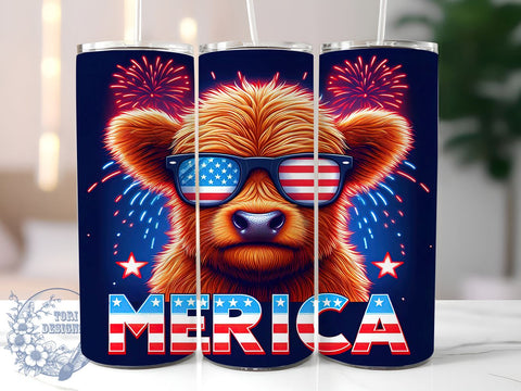 Merica Highland Cow 20oz Skinny Tumbler, Patriotic Highland Cow Tumbler Png, Straight & Tapered Tumbler Wrap, Instant Digital Download Sublimation ToriDesigns 