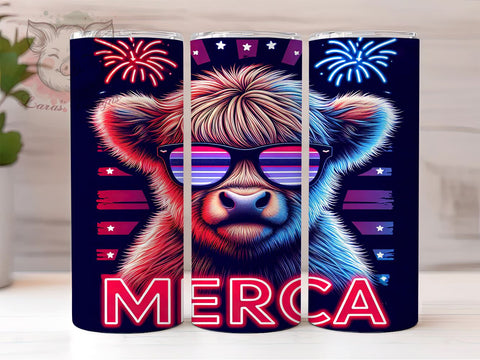 Merica Highland Cow 20oz Tumbler Png, Straight & Tapered Tumbler Png, 4th Of July Tumbler Png, Digital Download PNG Sublimation Lara' s Designs 