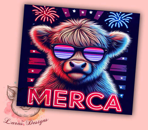 Merica Highland Cow 20oz Tumbler Png, Straight & Tapered Tumbler Png, 4th Of July Tumbler Png, Digital Download PNG Sublimation Lara' s Designs 