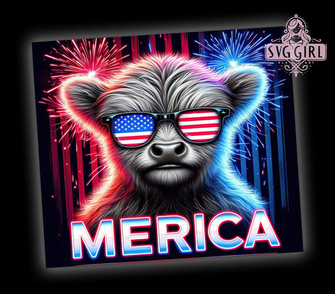 Merica Highland Cow 20oz Tumbler Wrap Sublimation Design, Straight Tapered Tumbler Wrap, Patriotic Highland Cow Tumbler Png, Instant Digital Download Sublimation SvggirlplusArt 