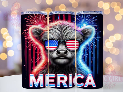 Merica Highland Cow 20oz Tumbler Wrap Sublimation Design, Straight Tapered Tumbler Wrap, Patriotic Highland Cow Tumbler Png, Instant Digital Download Sublimation SvggirlplusArt 