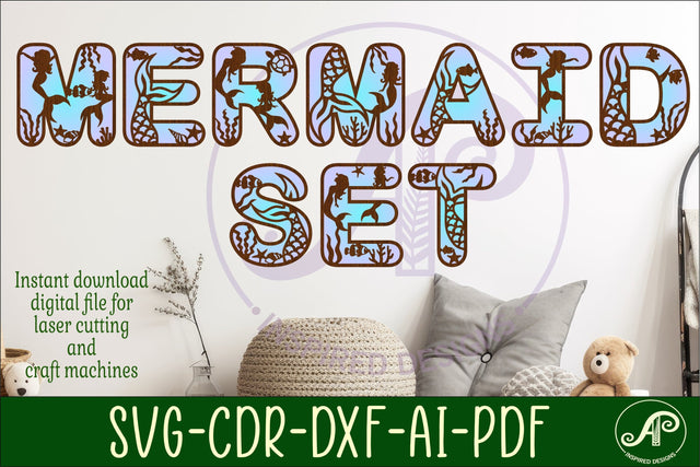 Mermaid alphabet letter set. 2 layer design. 71 letter options SVG file vector file ai, cdr, dxf and pdf instant. mermaid letters SVG APInspireddesigns 