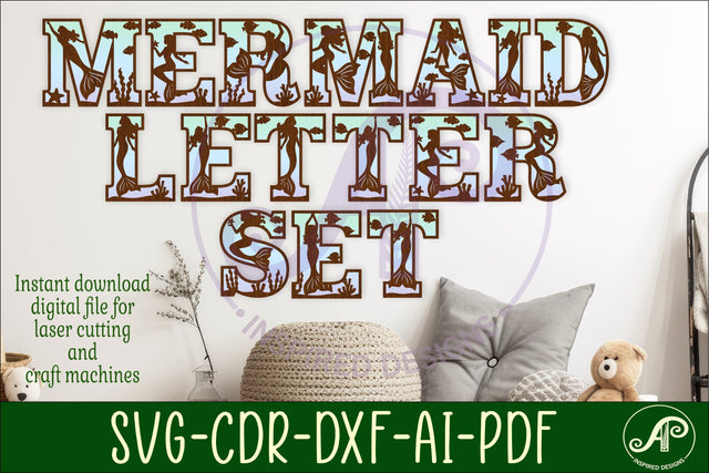 Mermaid alphabet set. 2 layer letters. 57 letter SVG APInspireddesigns 