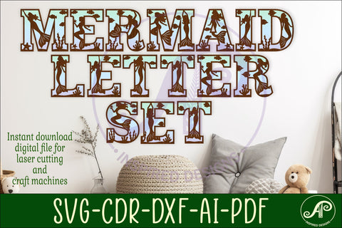 Mermaid alphabet set. 2 layer letters. 57 letter SVG APInspireddesigns 