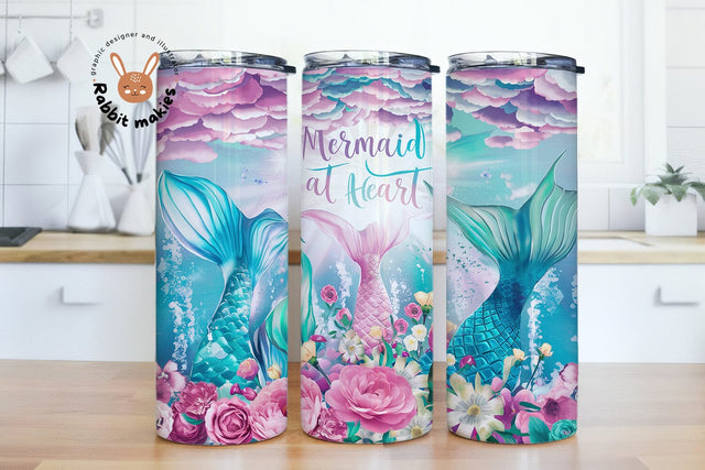 Mermaid At Heart 20oz Skinny Tumbler Sublimation Design, Mermaid Tails And Flowers Digital PNG Tumbler Wrap Waterslide Download Sublimation Rabbitmakies 