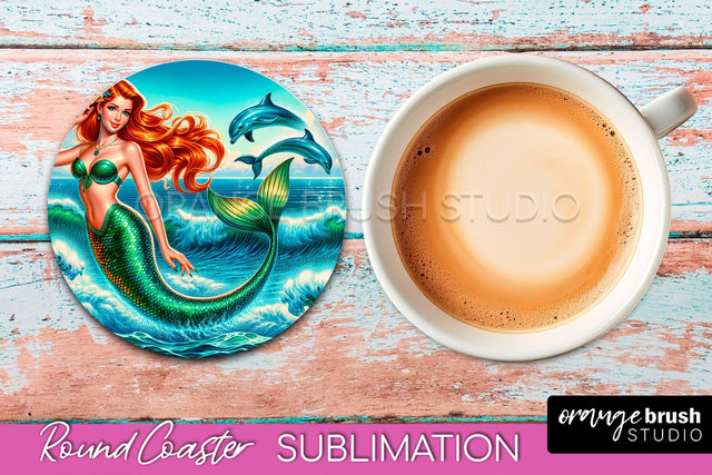 Mermaid Coaster Sublimation, Mermaid Round Coaster Design Sublimation OrangeBrushStudio 