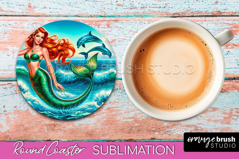 Mermaid Coaster Sublimation, Mermaid Round Coaster Design Sublimation OrangeBrushStudio 