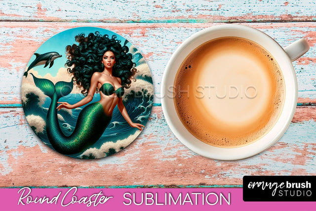 Mermaid Coaster Sublimation, Mermaid Round Coaster Design Sublimation OrangeBrushStudio 