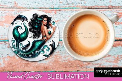 Mermaid Coaster Sublimation, Mermaid Round Coaster Design Sublimation OrangeBrushStudio 