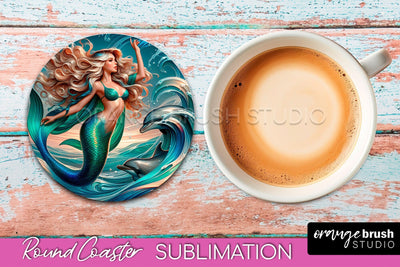 Mermaid Coaster Sublimation, Mermaid Round Coaster Design Sublimation OrangeBrushStudio 