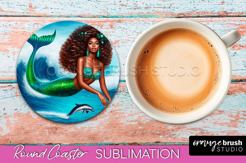 Mermaid Coaster Sublimation, Mermaid Round Coaster Design Sublimation OrangeBrushStudio 