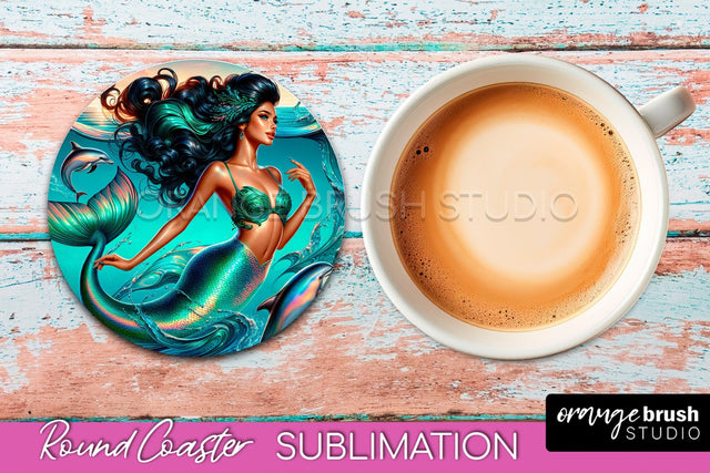 Mermaid Coaster Sublimation, Mermaid Round Coaster Design Sublimation OrangeBrushStudio 