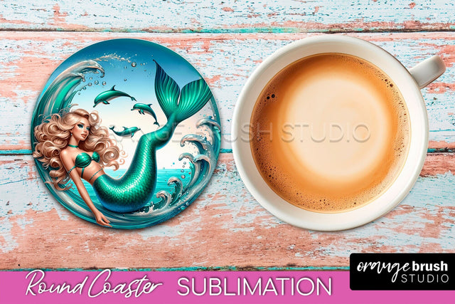 Mermaid Coaster Sublimation, Mermaid Round Coaster Design Sublimation OrangeBrushStudio 