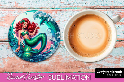 Mermaid Coaster Sublimation, Mermaid Round Coaster Design Sublimation OrangeBrushStudio 