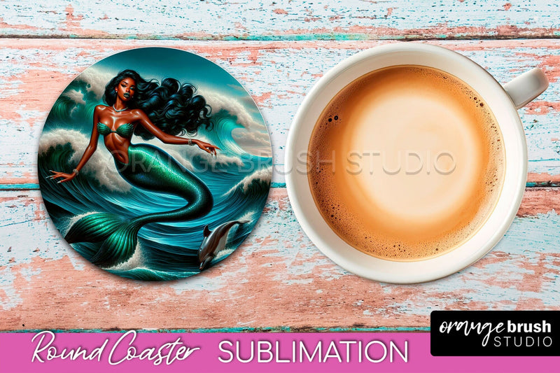Mermaid Coaster Sublimation, Mermaid Round Coaster Design Sublimation OrangeBrushStudio 